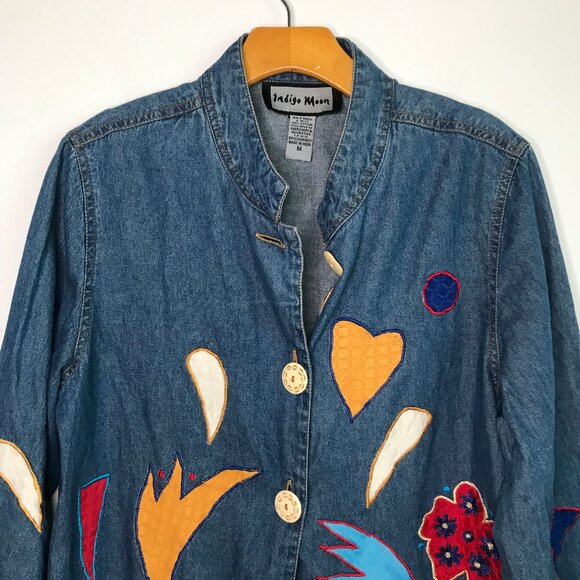 Indigo Moon Denim Jacket Button Long Sleeve Artsy Womens M - Picture 2 of 8